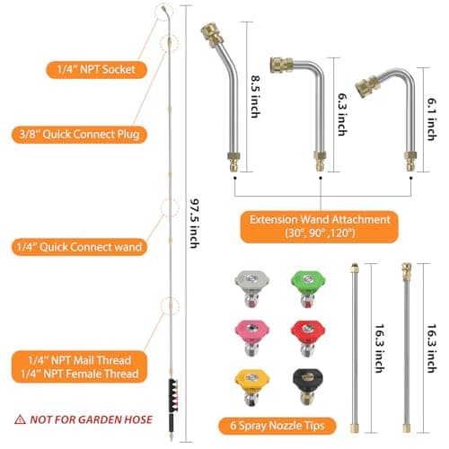 Sealegend 8FT Pressure Washer Extension Wand for Gutter Cleaning, Upgrade Power Washer Accessories with 6 Spray Nozzle Tips, 3 Gutter Cleaner Attachments Curved Rod, 1/4" Quick Connect, 4000 PSI