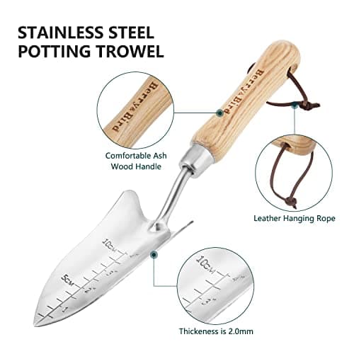 Transplant Trowel with Measurements, Garden Stainless Steel Potting Hand Trowel with Wooden Handle, Small Garden Hand Shovel Transplanter Tool for Planting Digging Transplanting Gardening