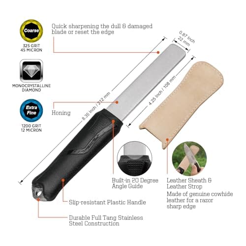 SHARPAL 127N Dual-Grit Diamond Sharpening Stone File Garden Tool Knife Sharpener with Leather Strop Coarse 325 / Extra Fine 1200 Grit for Lawn Mower Blade, Axe, Hatchet, Hedge Shears, Chisels, Drills