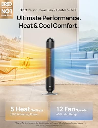 Dreo Tower Fan and Heater Combo, 29.2ft/s Standing Fans for Bedroom, 17 Levels, 6 Modes, 120° Oscillation, 42 Inch, 12H Timer, 25dB Quiet, with Remote, for Office, Large Room, Silver