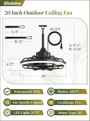 Outdoor Ceiling Fans with Light for Patios, 20" Weatherproof Plug in Ceiling Fan, Gazebo Fan Remote&APP Control, 3CCT Dimmable,Caged Ceiling Fan with Hanging Hook for Porch, Pergola,Canopy