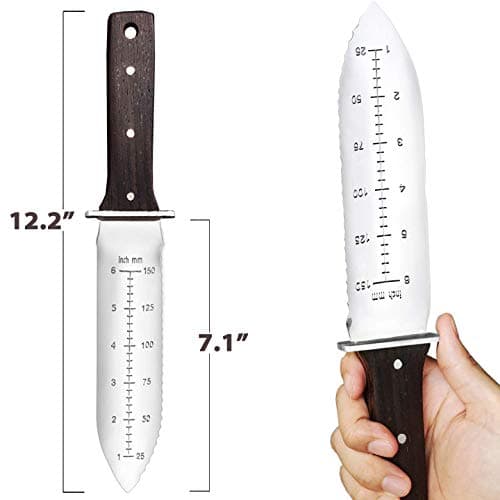 gonicc Professional Hori Hori Garden Knife with Leather Sheath, Protective Handguard, High polished 440 Stainless Steel Blade, Sharpening Stone Included, for Weeding, Digging, Pruning, and Cultivating