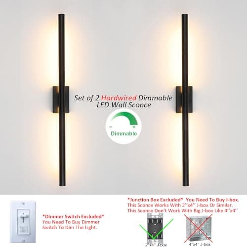 Only Suitable for Small Junction Box Hardwired Minimalist Dimmable Black Tube Linear Wall Sconce 24 Inch Mirror Vanity Light for Bathroom Living Room Bedroom Corridor (2 Pack, 24'', Black, Dimmable)