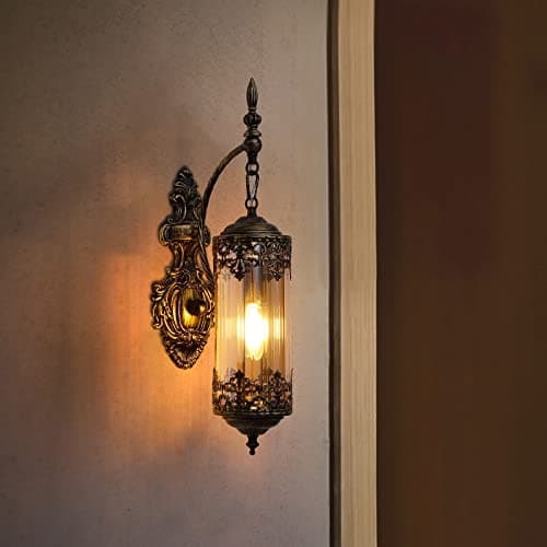 Rustic Wall Sconce with Amber Glass Mini Vintage Antique Gothic Wall Light Fixture Retro Farmhouse Mid Centry Lantern Wall Sconce for Bedroom, Hallway, Mirror, Bursh Gold, E12