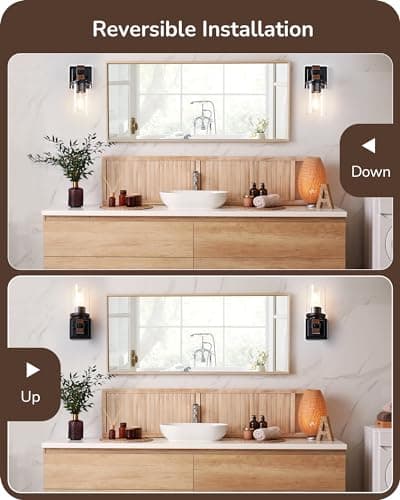 EDISHINE Wall Sconces Set of 2, Farmhouse Vanity Lights Fixtures for Bathroom, 1-Light Faux Wood Rustic Bath Wall Mount Lamp with Clear Glass Shade for Hallway, Living Room, Mirror, Kitchen
