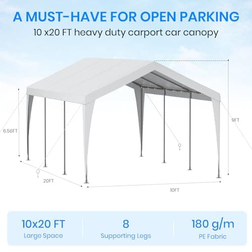 Carport 10x20 Heavy Duty Portable Garage,Galvanized Frame Carport Canopy,Portable Garages and Shelters with 8 Leg&4 Wind Rope,Car Tent Garage with All-Season Tarp for Boat Truck Bike,Without Sidewall
