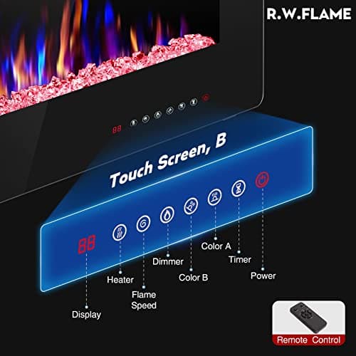 R.W.FLAME 60" Recessed and Wall Mounted Electric Fireplace, Low Noise, Fit for 2 x 6 Stud, Remote Control with Timer, Touch Screen, Adjustable Flame Color and Speed, 750-1500W