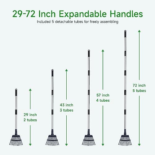 GreatBuddy Adjustable Leaf Rake, 8'' Wide Metal Rake, Perfect for Shrub, Flower Bed & Small Area, 29''- 72'' Expandable Stainless Steel Handle, Easy to Use