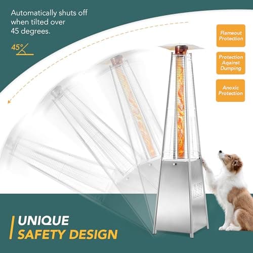 Pamapic Patio Heater, 48,000 BTU Pyramid Flame Patio Outdoor Heater with Cover, Quartz Glass Tube Stainless Steel Propane Heater with Wheels (Stainless Steel Color)