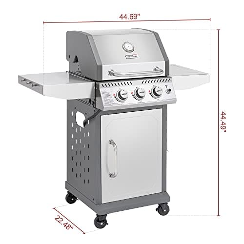 Royal Gourmet GG3001S 3 Burner Propane Gas Grill with Warming Rack, Stainless Steel Cabinet Style Gas Grill with 25,500 BTUs Output for Barbecue Grilling & Backyard Cooking, Silver
