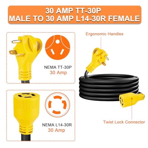 10ft Generator Transfer Switch Adapter Cord NEMA TT-30P to L14-30R, 3 Prong 30 Amp RV Generator TT-30 Male Plug to 4 Prong 30 Amp Inlet Box L14-30 Female Connector, STW 10AWG/3C, ETL Listed