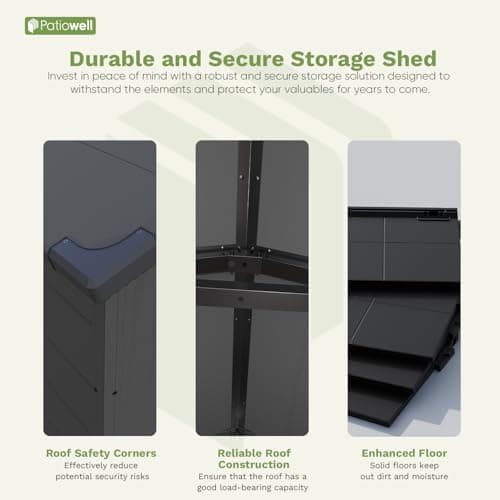 Patiowell 6 x 8 FT Plastic Outdoor Storage Shed with Floor, Resin Outside Tool Shed with Two Windows and Lockable Door for Garden, Backyard, Tool Storage Use, Easy to Install, Dark Grey