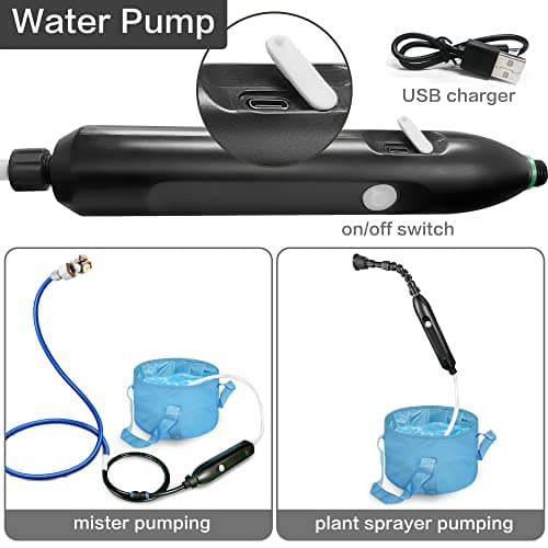 Portable Misting System with Water Pump, Plant Sprayer & Garden Hose Mister 3-in-1, No Faucet Required Misters for Outside Patio Beach Camping Golf Cart Boat, Smart Misting Cooling System