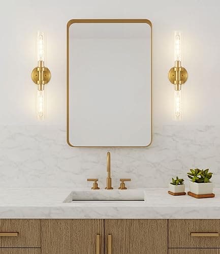 Brushed Gold Bathroom Vanity Light Fixture, 2-Light Modern Wall Sconce Lighting W/Clear Glass, Brass Wall Mount Lamp for Mirror Hallway Kitchen Living Room, E26 T10 Bulbs(Excluded)