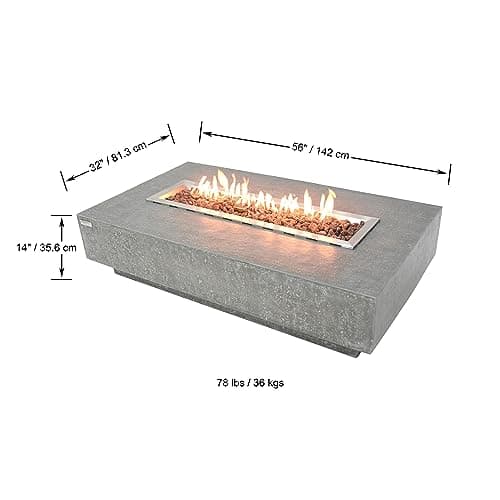 AMS Fireplace | Elementi | Large Rectangular Propane Fire Pit Table for Outside Patio | Canvas Cover, Lava Rocks, and Gas Key Valve Included | Fuel: Liquid Propane, Hampton - Light Grey