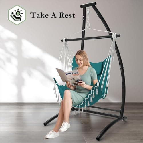 C Type Hammock Chair with Stand, Swing Chair with Neck Pillow, Hammock Stand for Balcony, Patio and Deck, Maximum Weight 300 lbs. (Aqua)
