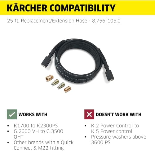 Kärcher 25' High Pressure Replacement/Extension Hose for Pressure Washers - 3600 PSI - Adapters Included - Quick Connect/M22