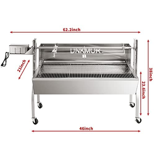 Rotisserie Grill Stainless Steel Charcoal Spit Roaster, 62" Pig Lamb Hooded Roaster Charcoal Spit with 30W Motor & Adjustable Height Lockable Casters for Outdoor Party Barbecue, Rated 150 LB By DNKMOR