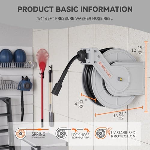 Giraffe Tools Pressure Washer Hose Reel, 1/4" × 65ft Pressure Hose Reel, Auto Rewind Power Washer Hose Reel, Wall/Floor Mounted, 3200 PSI