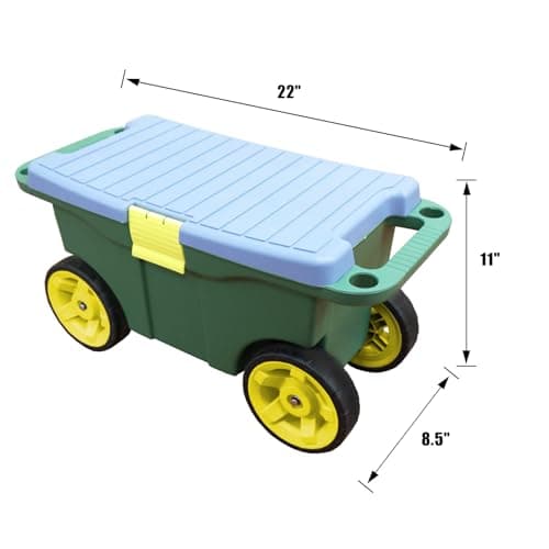 Torin AG594B Garden Cart Scooter and Seat: Garden Stool with Bench Seat and Interior Tool Tray, Rolling Storage for Weeding and Planting, Green/Blue/Black