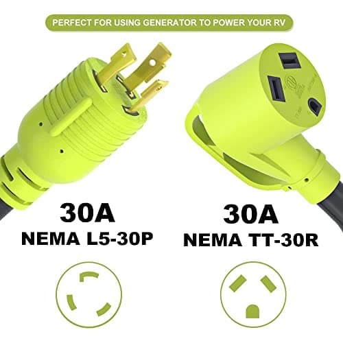 3 Prong 30 Amp RV Generator Adapter, NEMA L5-30P Twist Lock Male Plug to NEMA TT-30R Female,Outdoor Ower Equipment Suitable for RV Trailer Camper,Heavy Duty STW 10 AWG, ETL Listed (12 Inch)