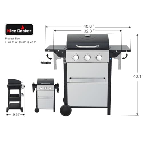 3-Burner Propane Gas Grill with 2 Foldable Side Tables, 25,650 BTU Outdoor BBQ Grill with Porcelain-Enameled Flame Tamers, Built-in Thermometer, Easy Assembly for Patio, Backyard BBQ