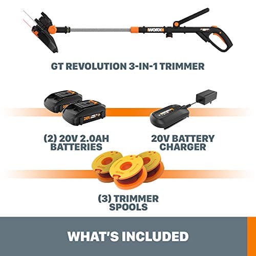 Worx String Trimmer/Edger/Lawn Mower 3-in-1 Grass Trimmer GT Revolution 20V 12" (2 Batteries & Charger Included) WG170