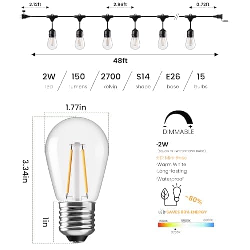 Svater 96 FT Outdoor String Lights 2W, Patio Light for Outside with 32 Antique S14 Plastic LED Bulbs, IP65 Waterproof Hanging Cafe Market Lighting, ETL-Listed Dimmable Warm White 2700K (48 FT x 2)