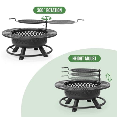 42 Inch Outdoor Fire Pit with Grill, Large Firepit Table for Outside, Metal Round Firepits with Lid&Fire Poker,3 in 1 Wood Burning Fire Pits & Outdoor Fireplaces for Backyard,Patio(Black)