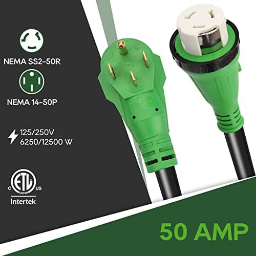 RVGUARD 50 Amp 15 Foot RV Power Cord, 14-50P to SS2-50R Generator Extension Cord, Heavy Duty STW Cord with LED Power Indicator and Cord Organizer, Green, ETL Listed