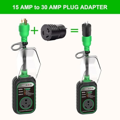 EyGde 15 Amp to 30 Amp RV Adapter with Surge Protector - Upgraded NEMA 5-15P Male to TT-30R Female Plug, 15A to 50A RV Circuit Analyzer Power Protection with Waterproof Cover for 30Amp Camper Trailer