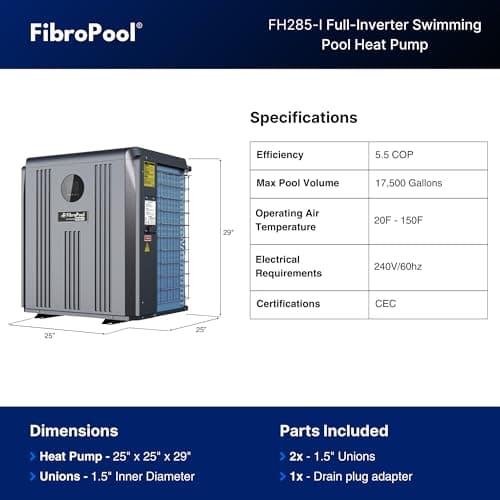 FibroPool Swimming Pool Heat Pump – Full Inverter Electric Heater – FH285-i for Pools up to 17,500 Gallons – for Above Ground and In Ground Pools and Spas – High Efficiency, No Gas or Propane Needed