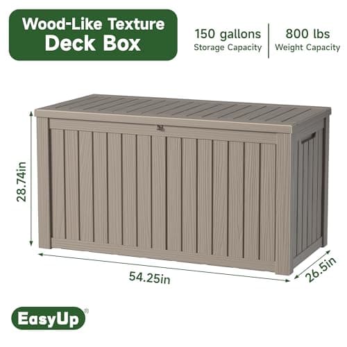 150 Gallon Outdoor Storage Box, Resin Waterproof UV-Resistant Deck Box with Hydraulic Lid Support, Reinforced Stability for Patio, Garden, and Poolside, Striped Beige
