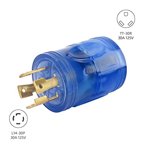 30 amp rv Power Adapter 4 Prong Twist Lock Plug Heavy Duty Converter L14-30P to TT-30R 125/250V 30A Male Plug to 30A Female Receptacle for Generator Caravan RV Camper (Clean Blue)