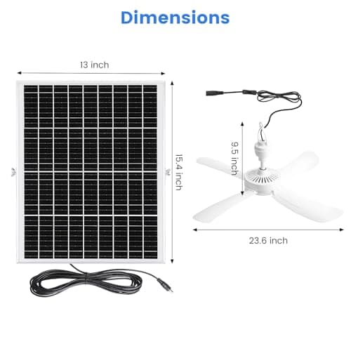 23.6'' Solar Ceiling Fan, 25W Solar Powered Hanging Fans for Outdoor Gazebo, Chicken Coop, Greenhouse, Shed, Dog House, 19.7 Ft Long Cord with On/Off Button