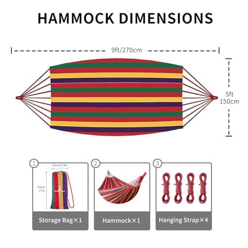Rainbow Hammock Cotton Hammocks Comfortable Fabric Hammock with Tree Straps for Travel Patio Garden, Hanging Sturdy Hammocks Up to 660lbs Indoor/Outdoor Portable Hamacas with Travel Bag（Rainbow）