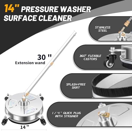 14" Pressure Washer Surface Cleaner with 4 Wheels - Stainless Steel Surface Cleaner for Pressure Washer Attachment for Concrete, Patio, Sidewalk, Deck and Driveways - PWS14