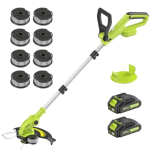 Electric String Trimmer Cordless with 2x2.0Ah Battery, 20V Battery Powered 12-inch Lawn Mover & Edger Lawn Tool with Charger, Powered Grass Trimmer with 8pcs Spool Line for Yard, Garden, Green