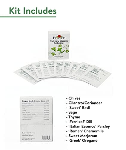 Burpee Culinary Classics Garden Collection 10 Packets of Non-GMO Chives, Cilantro, Basil, Sage, Thyme, Dill, Parsley, Chamomile, Marjoram & Oregano | Kitchen Herb Variety Pack, Seeds for Planting