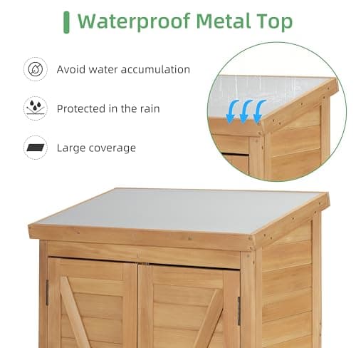 58''x30''x18'' Outdoor Wooden Storage Shed with Metal Top Tall Vertical Tool Cabinet for Backyard Garden Patio Lawn (Gold)
