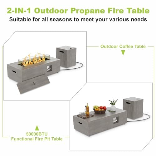 42" Rectangular Propane Fire Pit – 50,000 BTU Fire Table with Wind Guard Glass, Lid, Rocks and Cover – Backyard Fire Pits Outdoor – Propane Gas Fireplace for Deck or Patio (Grey, 42" Standard)