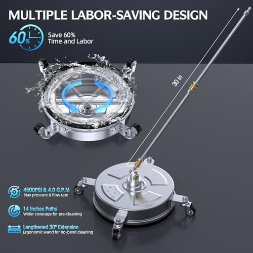14" Pressure Washer Surface Cleaner 4500 PSI with 304 Industrial-Grade Stainless Steel Housing,1/4” Quick Plug, 4 Universal Wheels, 2 x 15 Extended Wands, 2 Replacement Nozzles, 4 Spray Nozzle Tips