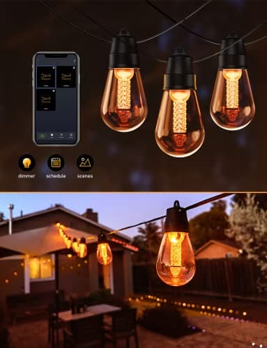 Outdoor String Lights with Dimmer - 50Ft Led Patio Lights App Control Commercial Grade Weatherproof Outside Light with Timer 3 Modes 25 S14 Edison Vintage Shatterproof Bulbs for Patio Garden Backyard