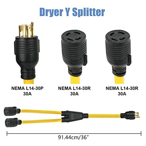 3FT NEMA L14-30 Splitter Cord Generator Y Adapter, HDWS NEMA L14-30P to (2) Outlet Port L14-30R Twist Lock Extension Cord, 30 Amp 4 Prong Generator Power Cord Adapter