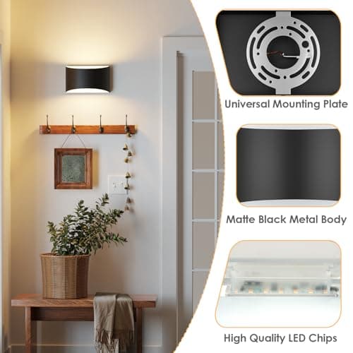 FOLKSMATE Modern LED Wall Sconces, 3000K Warm White Hardwired Wall Lights Set of 2, 10W Up and Down Wall Mount Light, Matte Black Indoor Sconces Wall Lighting