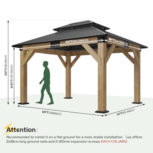 AMERLIFE 10x12 Solid Wood Gazebo, Hardtop Gazebo with Solid Spruce Frame and Aluminum Double Roof, Outdoor Pergola for Parties, Backyard, Patio, Lawns, Black + Natura Wood