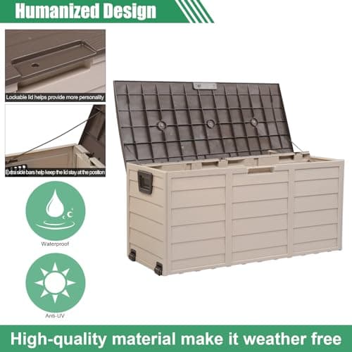 VINGLI 75 Gallon Outdoor Storage Box, Patio Deck Box Furniture with Rolling Wheels, Plastic Storage Containers with Lockable Design, For Garden, Yard, Balcony (Brown)