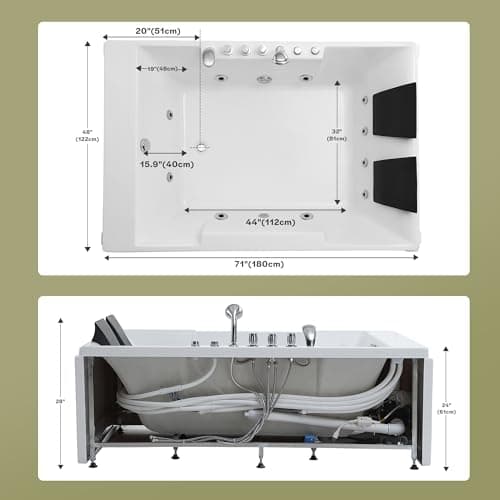 72-Inch Whirlpool Jetted Tub,Acrylic Hydro Massage Bathtub with 10 Jets, Color-Changing LED Lights,2-Person Jetted Bath Tub for Couples