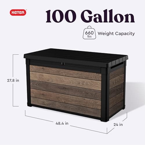 Keter Signature Collection 100 Gallon Resin Deck Box Organization and Storage Box for Patio Outdoor Cushions, Throw Pillows, Garden Tools and Pool Supplies, Walnut