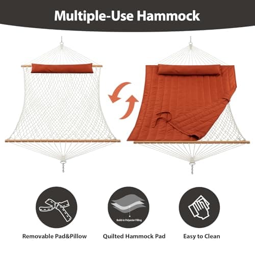 Outdoor Double Hammock with Hardwood Spreader Bars, Cotton Rope Hammock with Polyester Pad and Pillow, 475 LBS Capacity 2 Person Hammock, Large Hammock for Patio Backyard Poolside - Terracotta